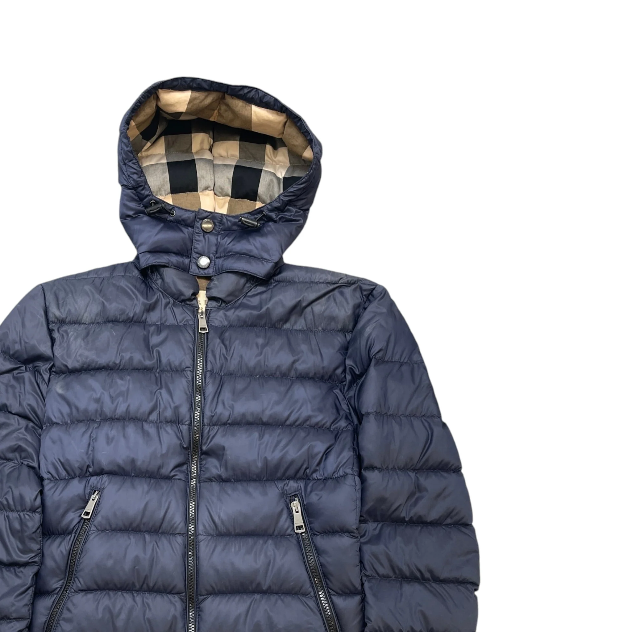 Men's Check Print Hood Down Jacket Navy Size S - Image 3