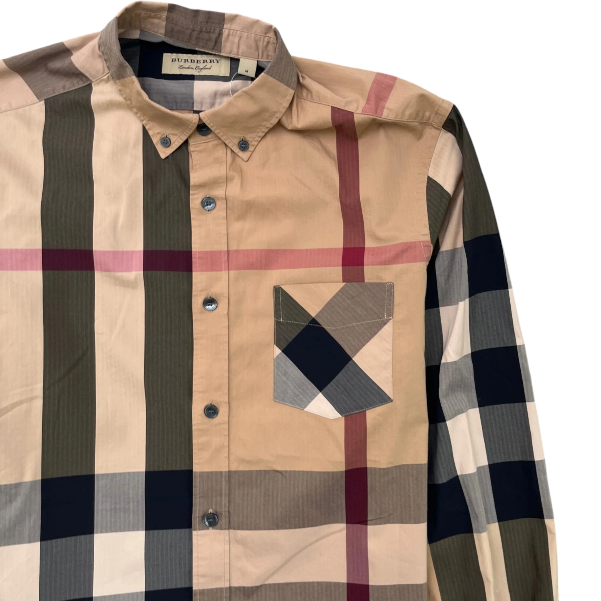 Men's Check Print Long Sleeve Shirt Beige Size M - Image 5