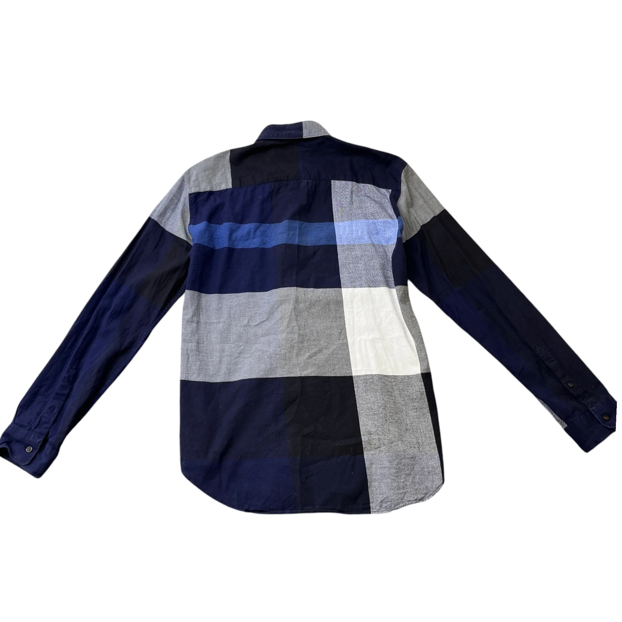 Men's Check Stretch Poplin Long Sleeve Shirt Navy Size M - Image 2