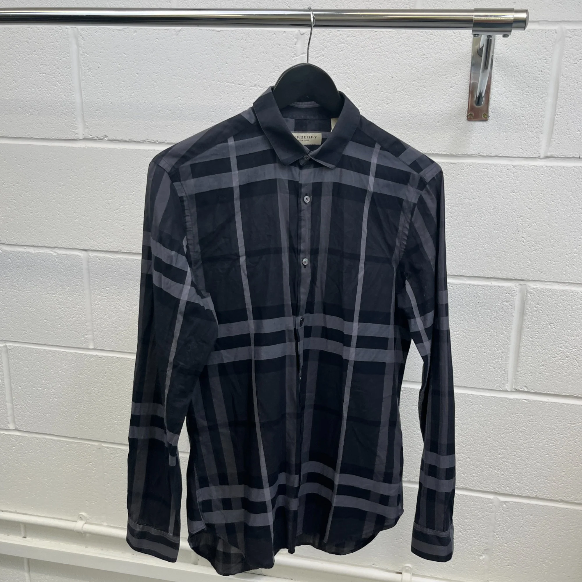 Men's Checkered Long Sleeve Shirt Navy Size S - Image 7