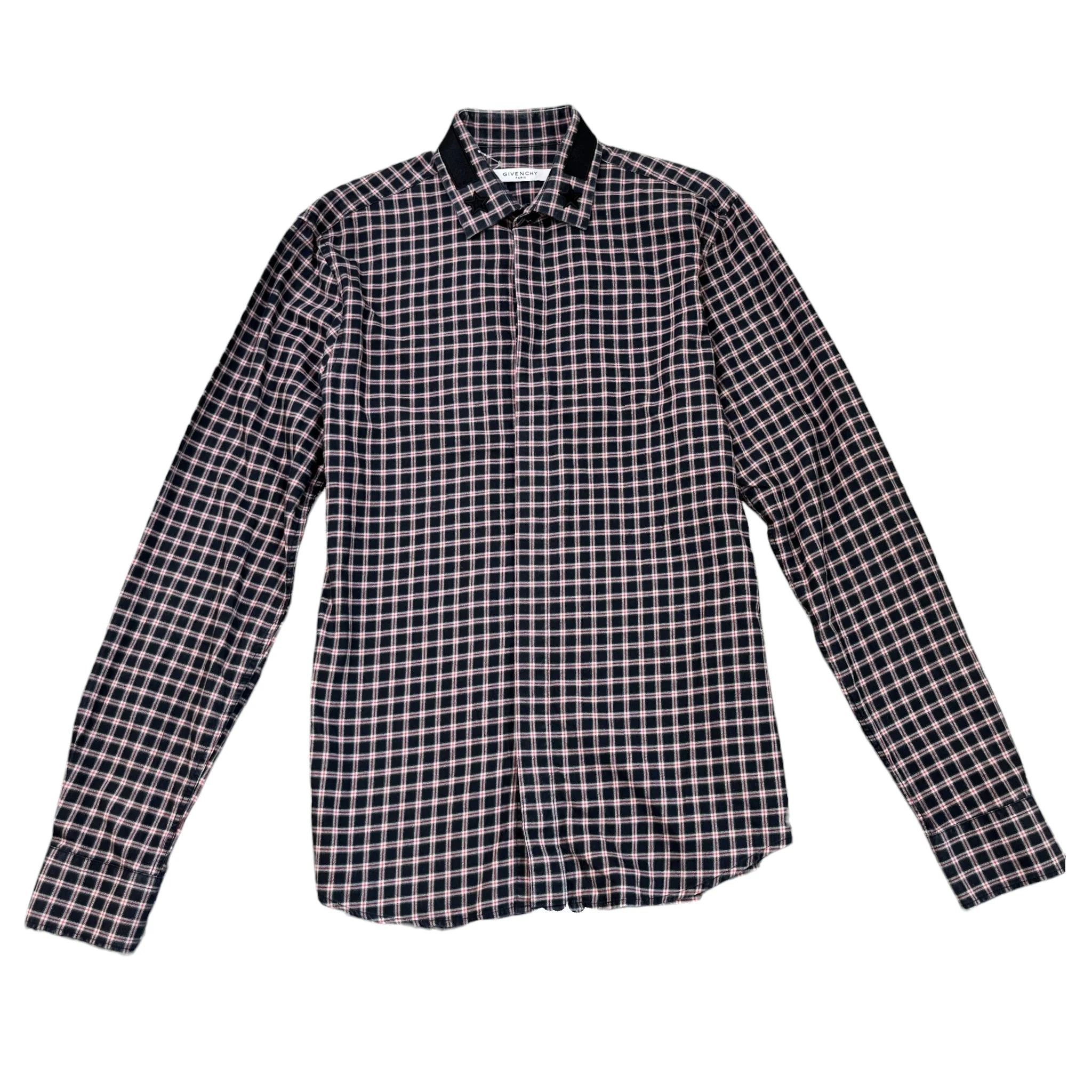 Men's Embroidered Logo Collar Check Long Sleeve Shirt Navy Size S
