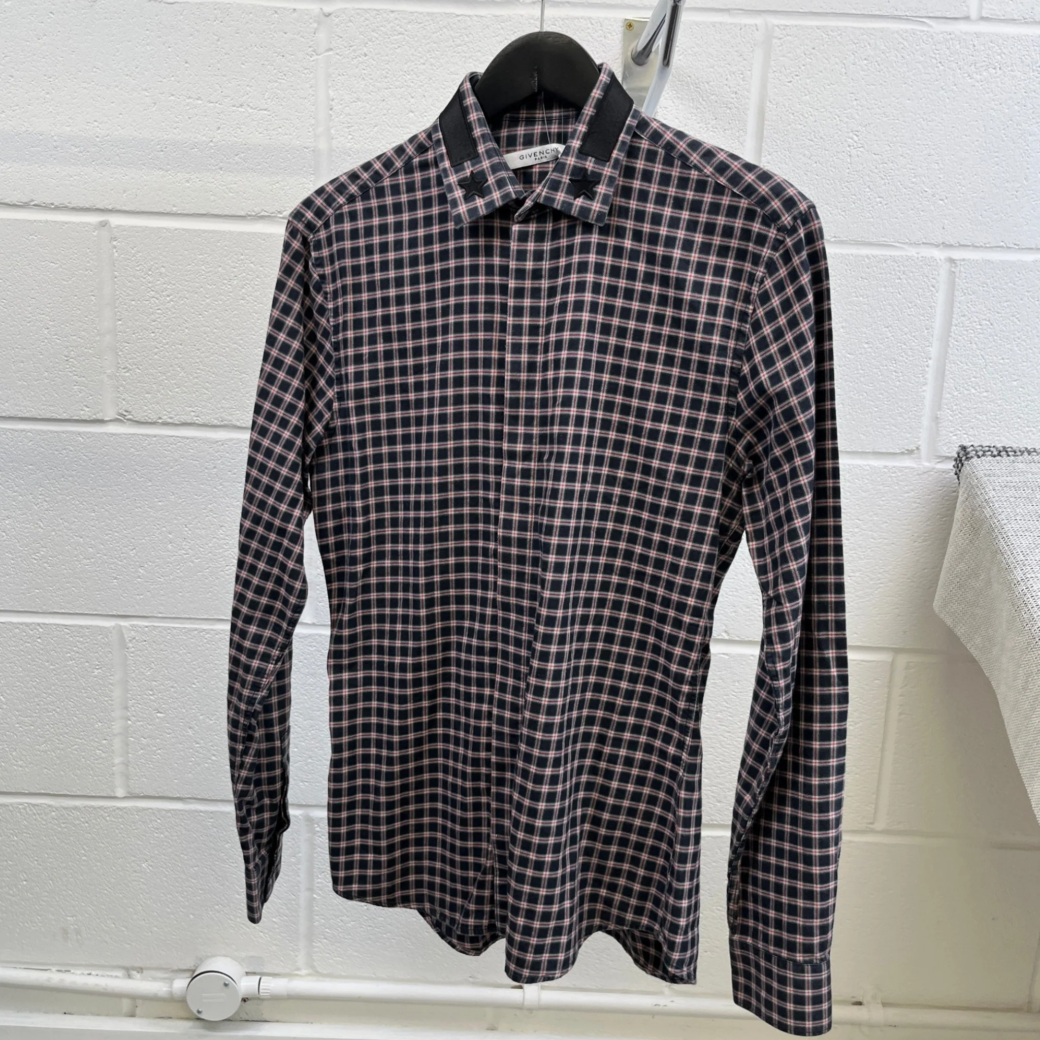 Men's Embroidered Logo Collar Check Long Sleeve Shirt Navy Size S - Image 15