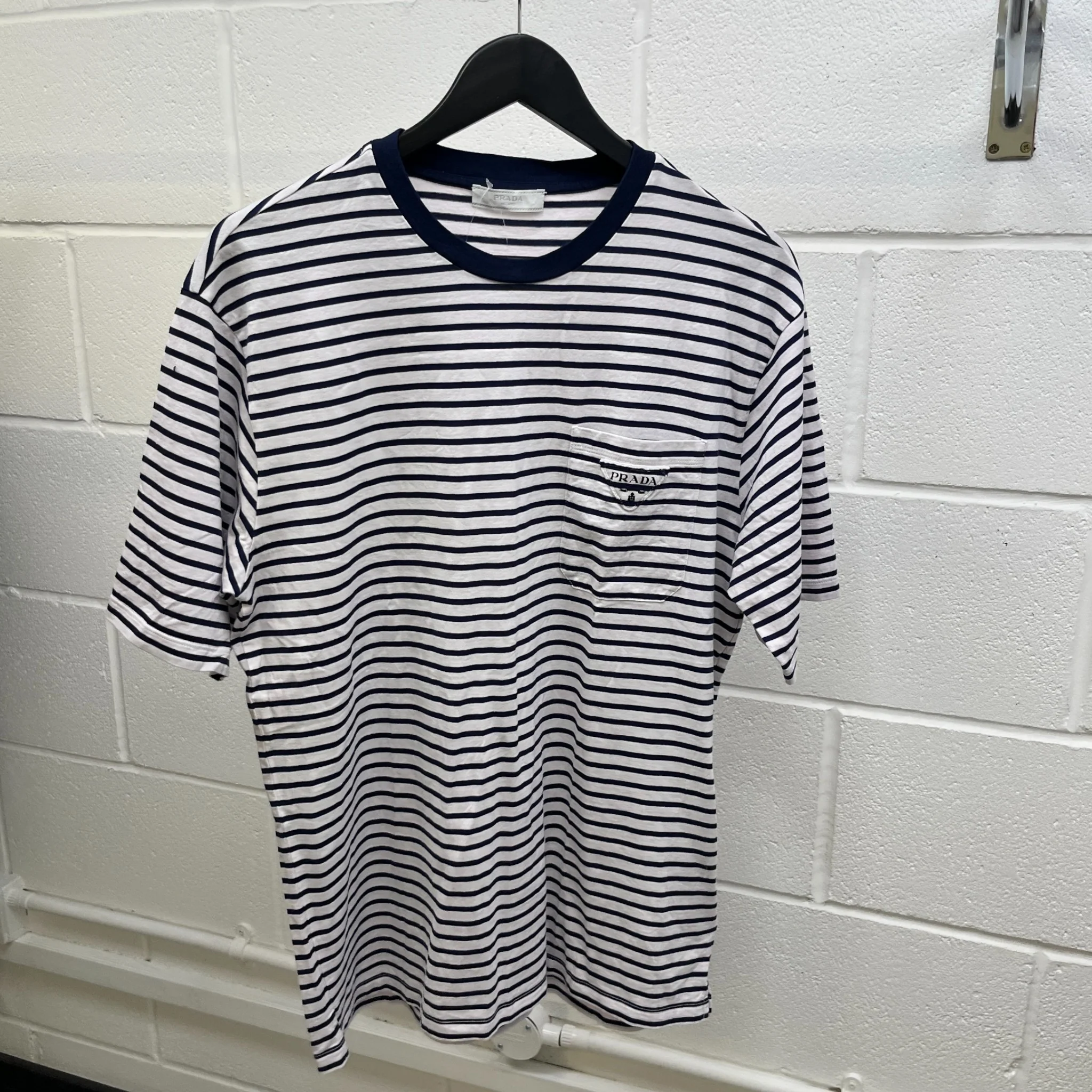 Men's Embroidered Logo Striped T-Shirt White Size L - Image 9