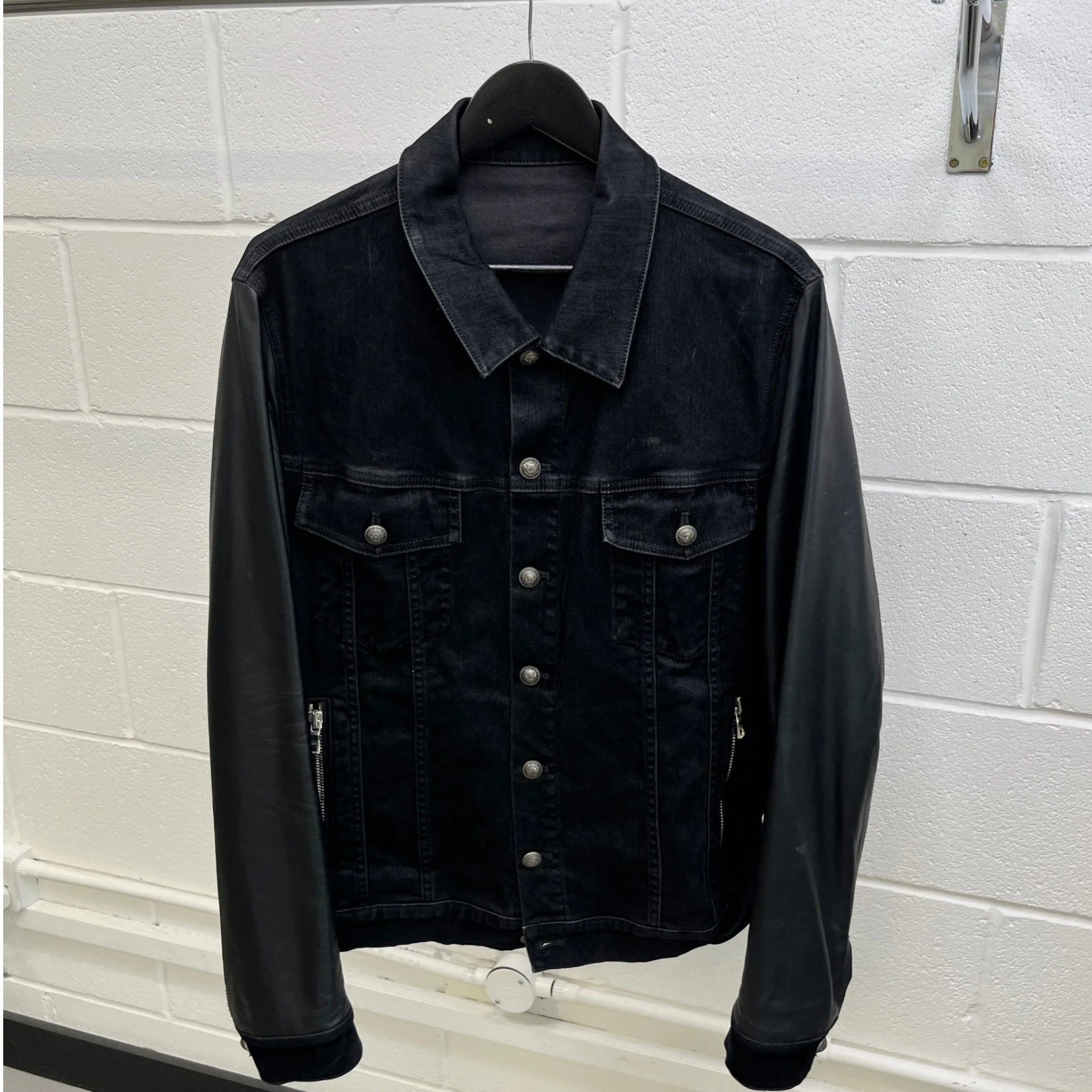 Men's Logo Denim Leather Sleeve Jacket Black Size IT 54 / XXL - Image 7