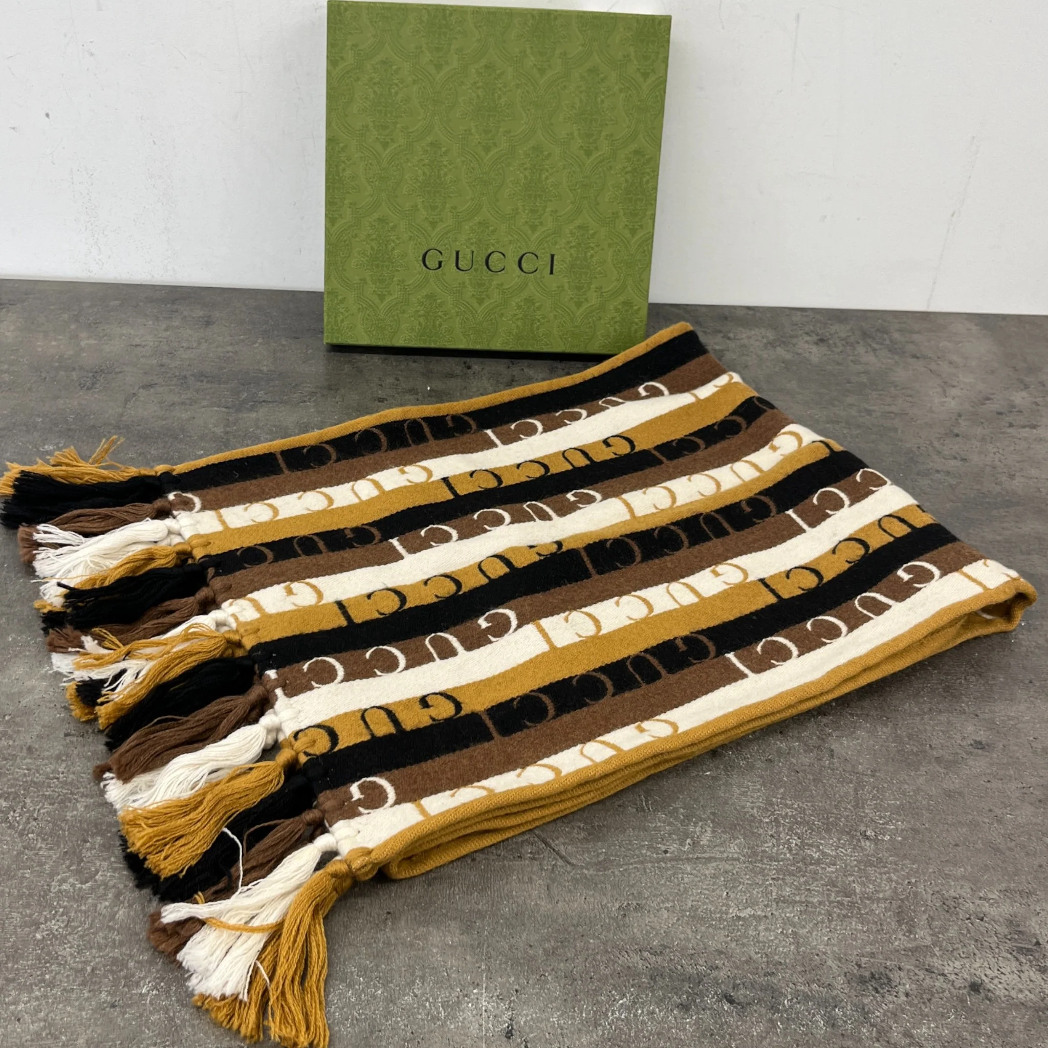 Men's Striped Wool Logo Scarf Brown - Image 5