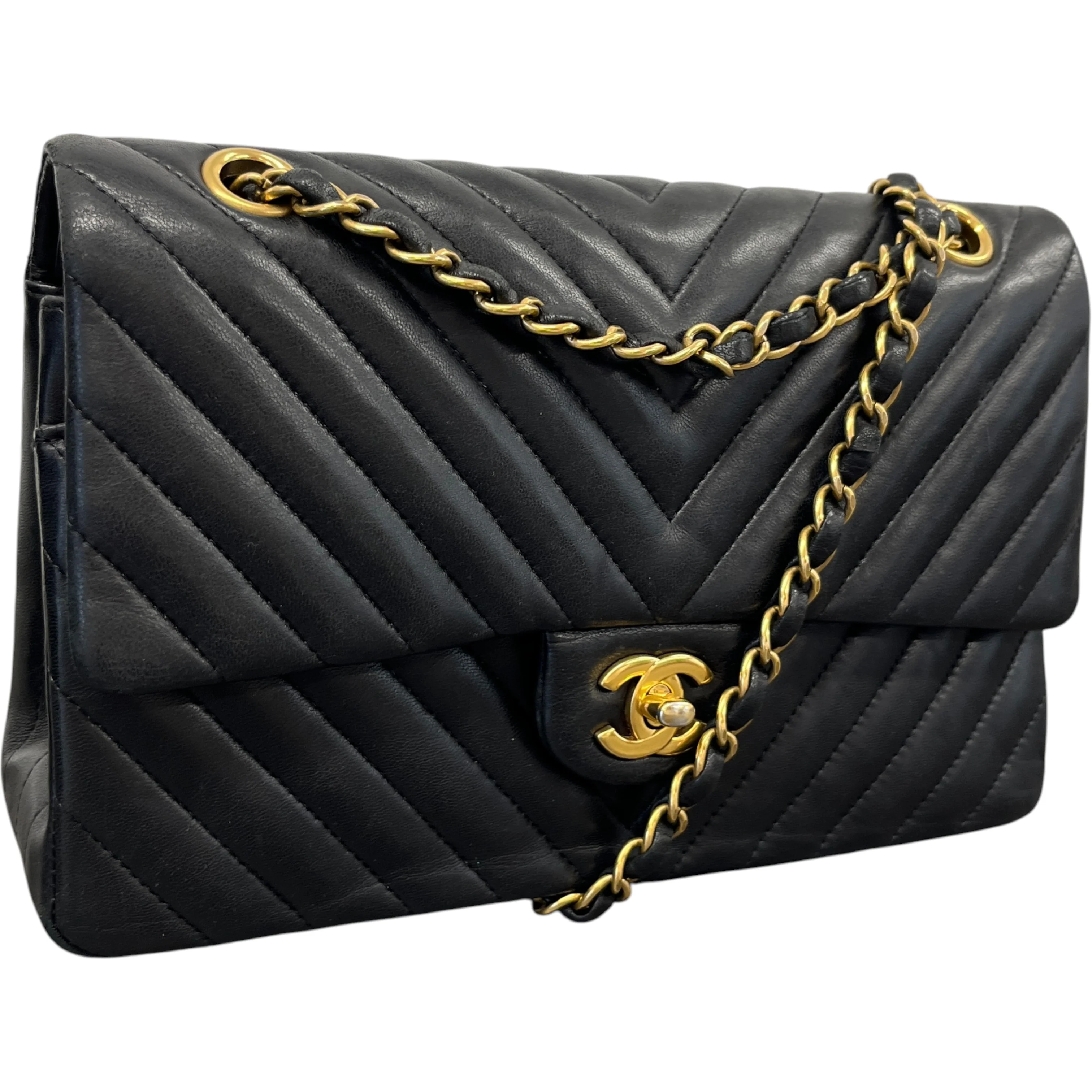Women's Chevron Classic Flap Medium Lambskin Handbag Black - Image 4