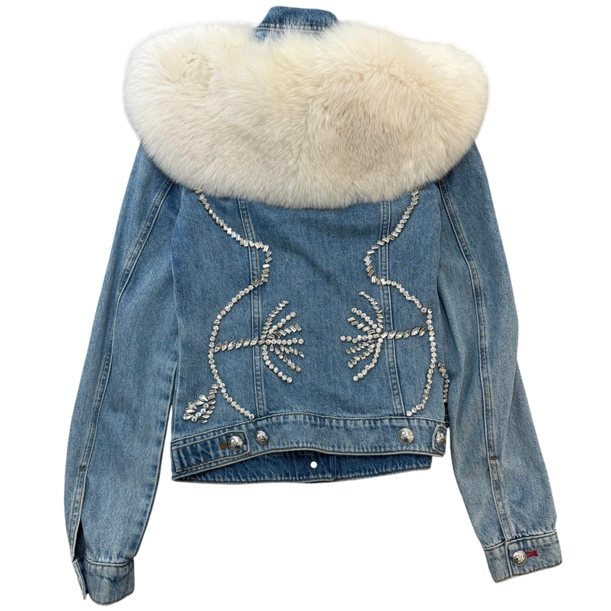 Women's Crystal Embellished Detachable Fur Collar Jacket Blue Size S - Image 2