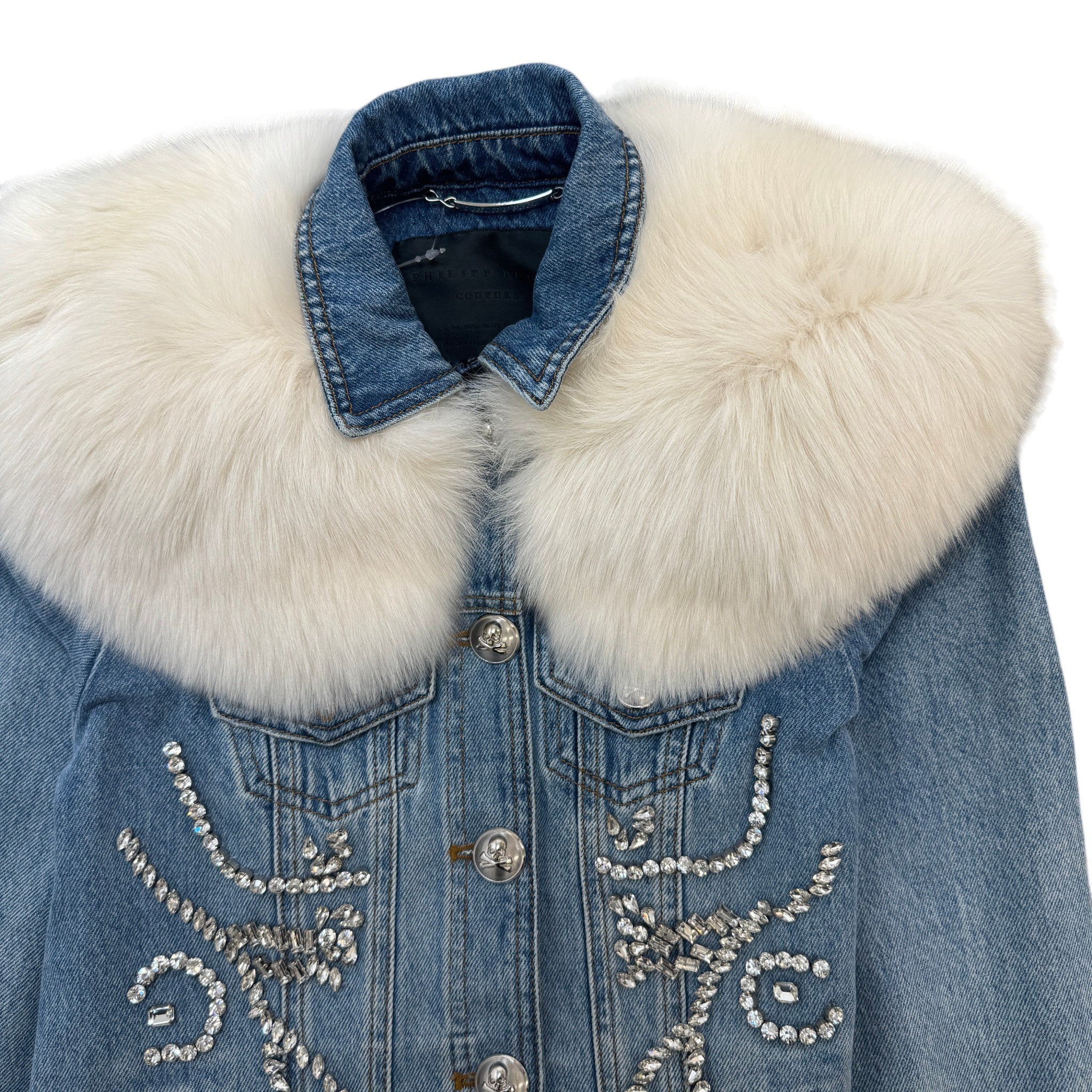 Women's Crystal Embellished Detachable Fur Collar Jacket Blue Size S - Image 3