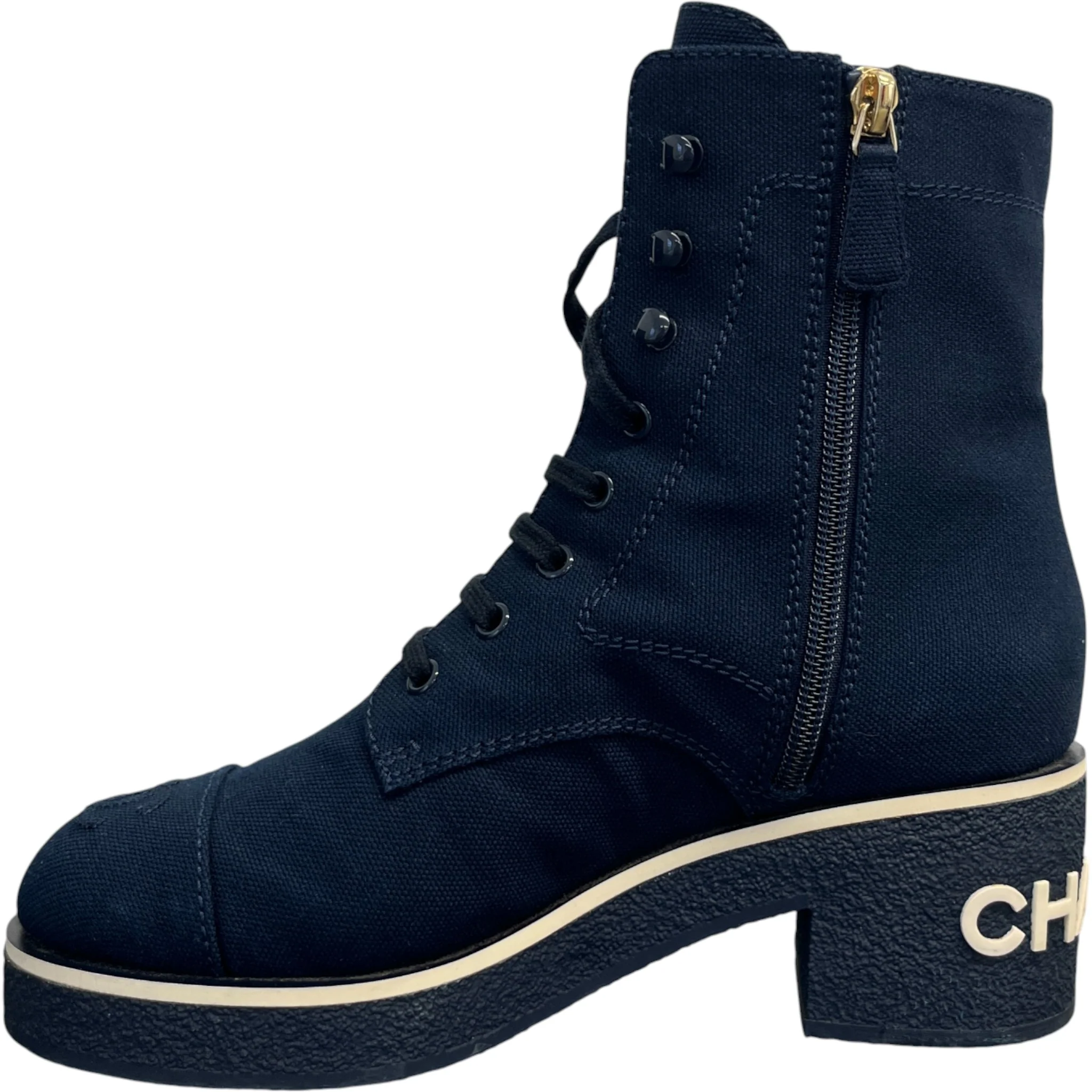 Women's Interlocking Cc Logo Combat Boots Navy Size EU 37 / UK 4 - Image 2