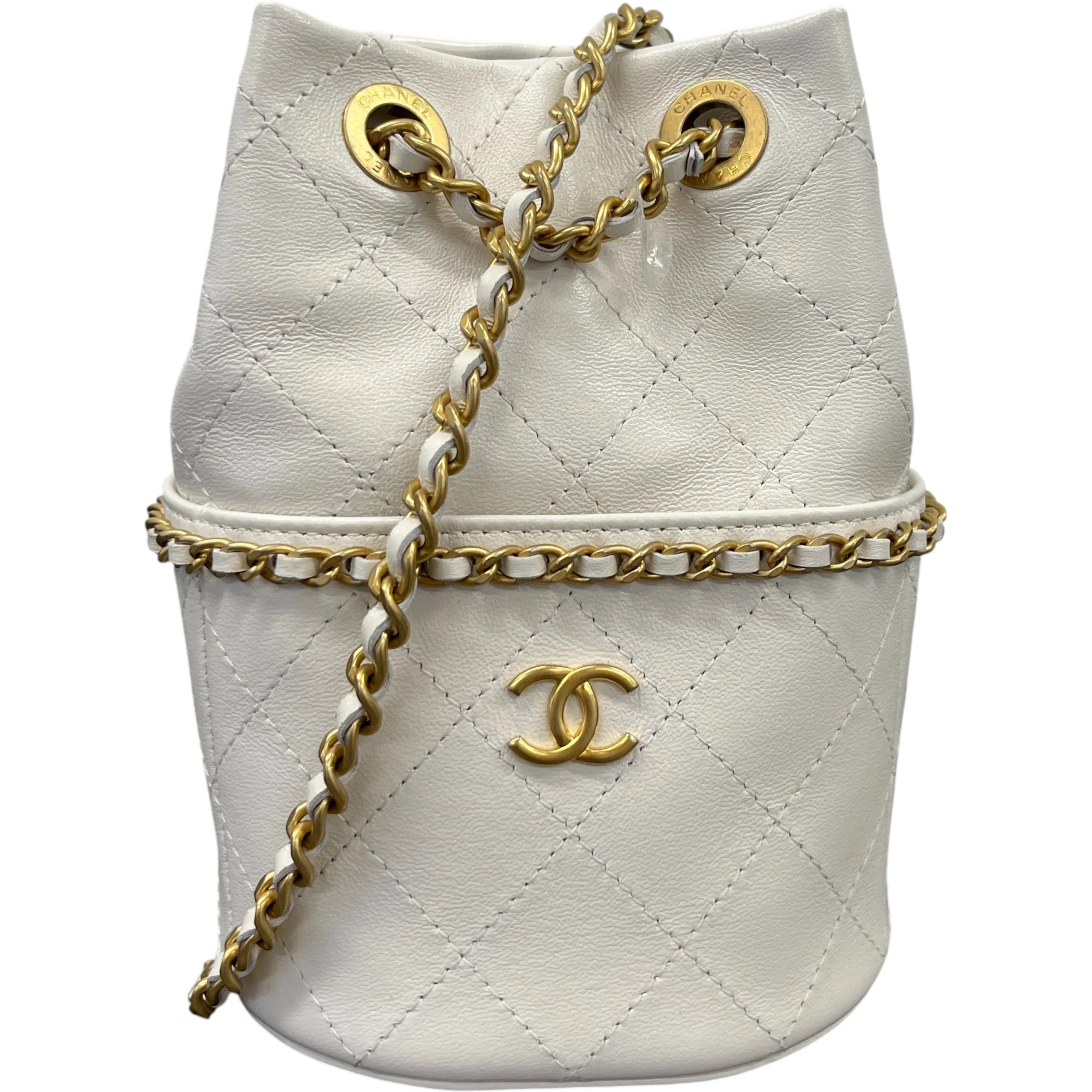 Women's Nauticoco Quilted Shiny Lambskin Mini Bucket Handbag White
