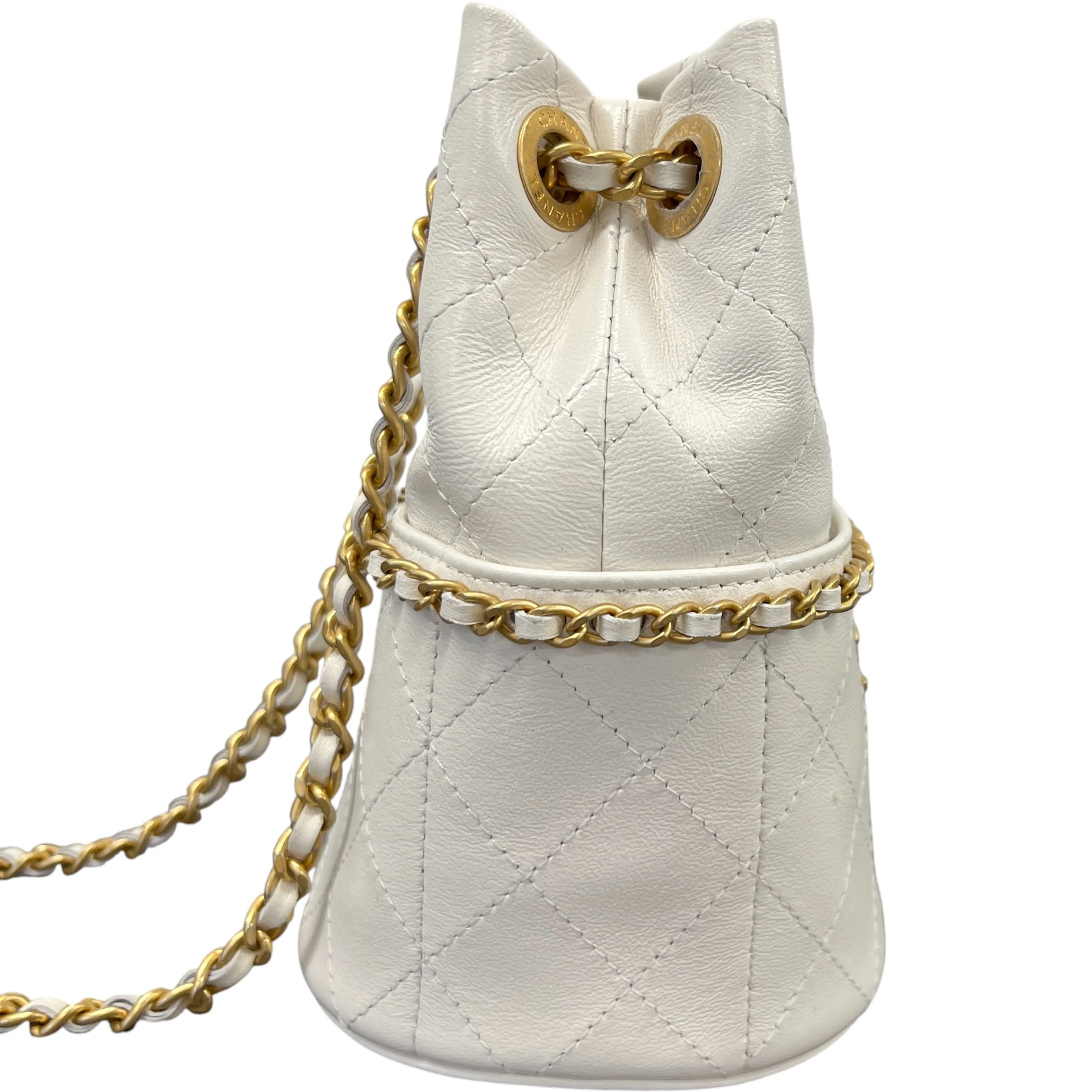 Women's Nauticoco Quilted Shiny Lambskin Mini Bucket Handbag White - Image 6