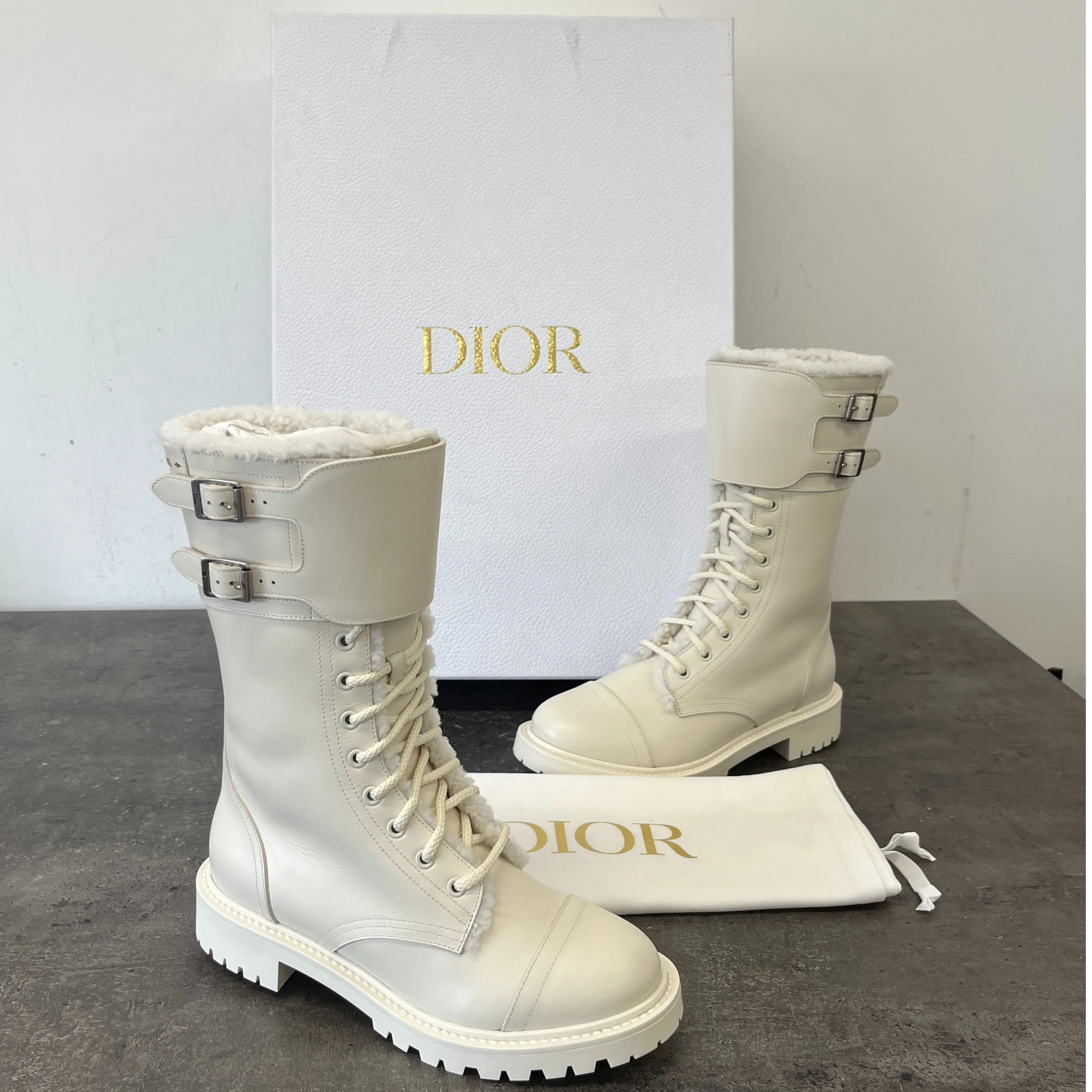 Women's Shearling Lining Combat Boots Cream Size EU 37 / UK 4 - Image 12