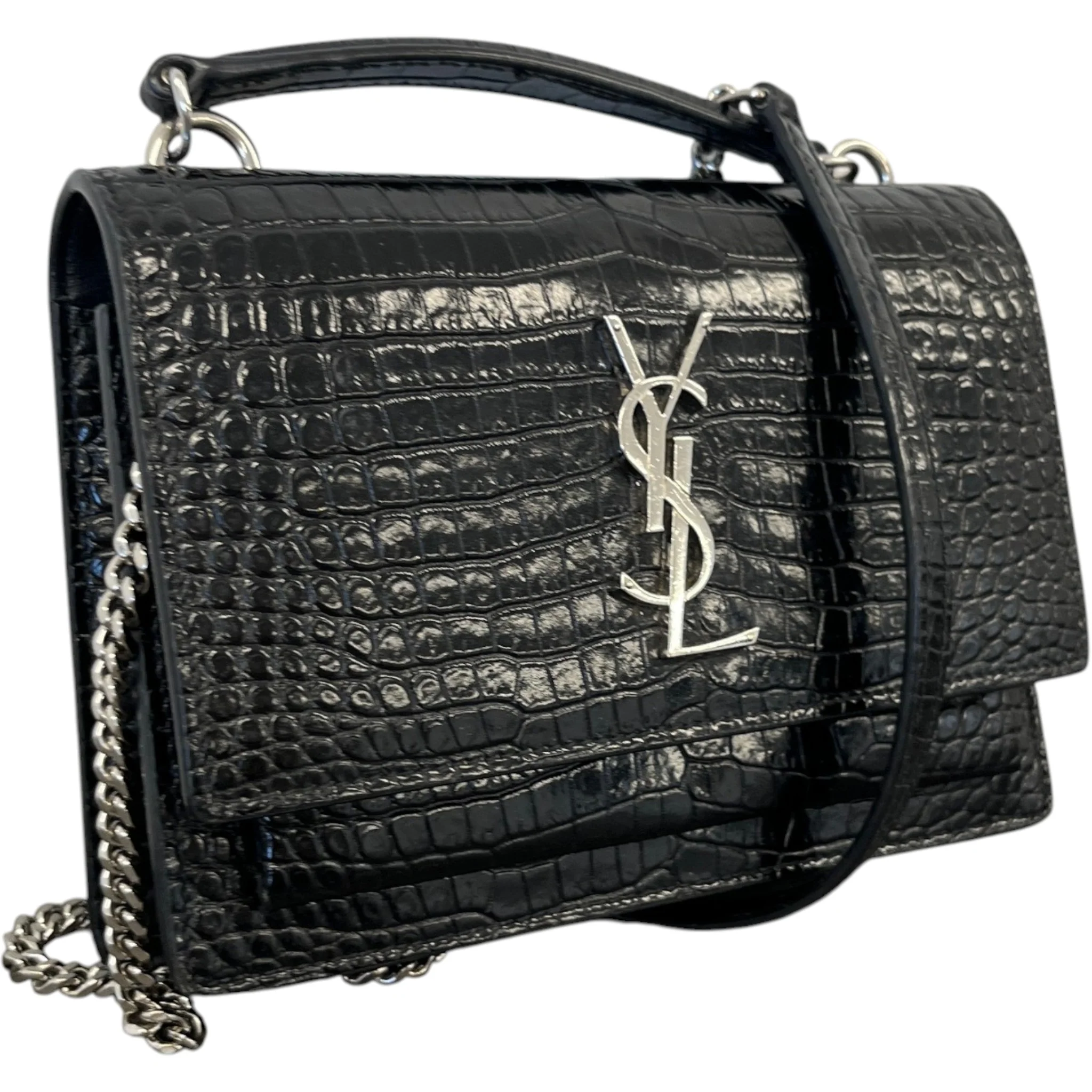 Women's Sunset Small Crocodile Embossed Leather Bag Black - Image 4